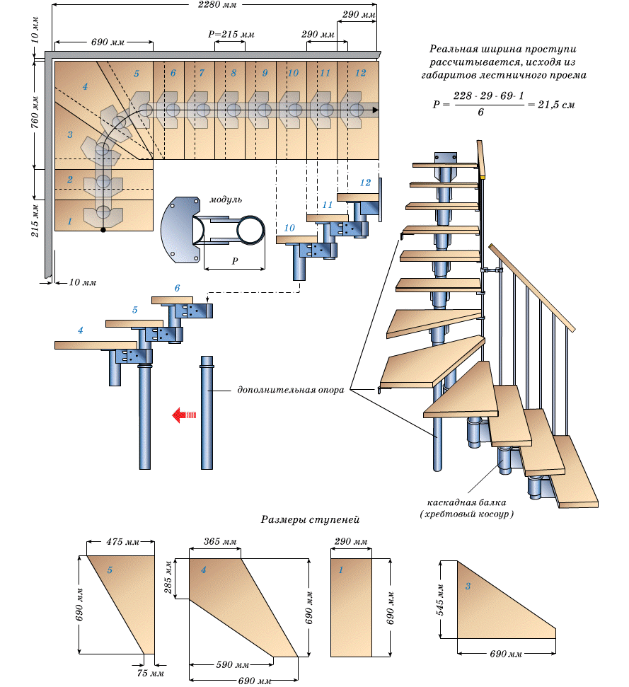 Модульная лестница ЛЕСЕНКА Статус с поворотом на 90 и площадкой